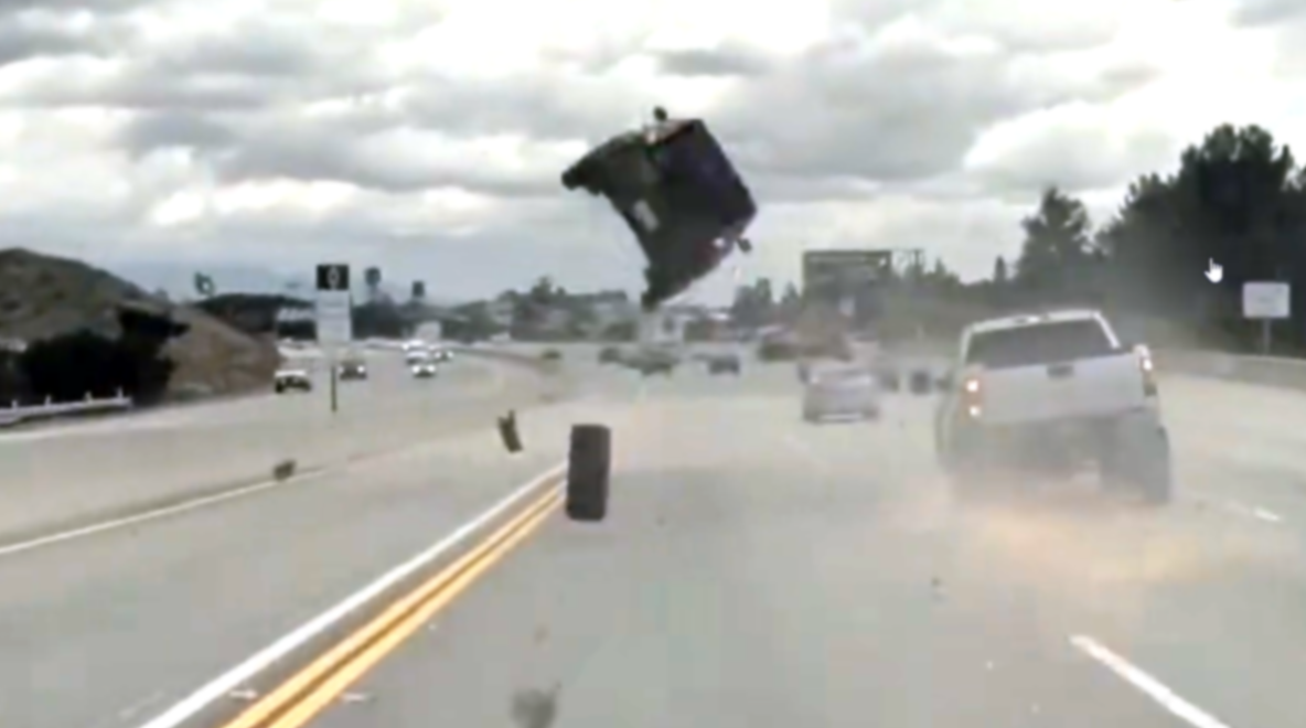 Kia Soul Driver Soars Into The Air After Hitting Stray Tire On Highway